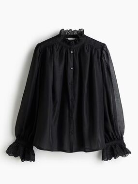H&M Black Lace-Trim Sheer Button-Up Blouse